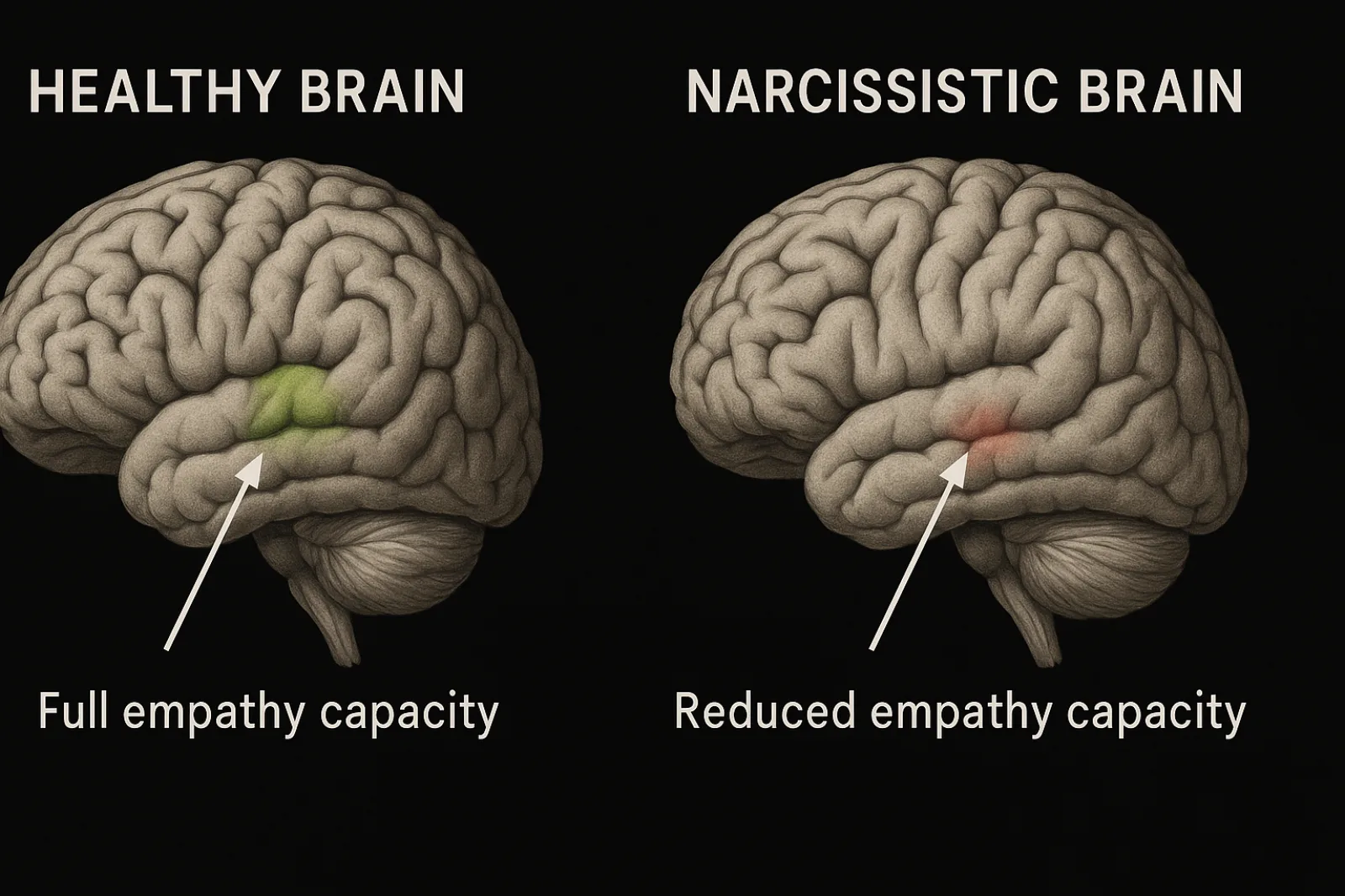 Side by side comparison: healthy brain with full insula vs narcissistic brain with reduced insula gray matter