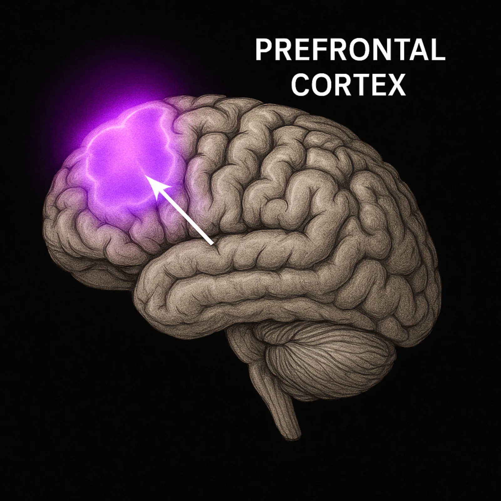 Brain showing the prefrontal cortex with reduced cortical thickness